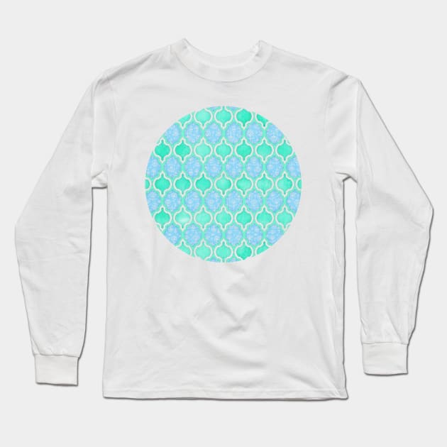 Moroccan Aqua Doodle pattern in mint green, blue & white Long Sleeve T-Shirt by micklyn